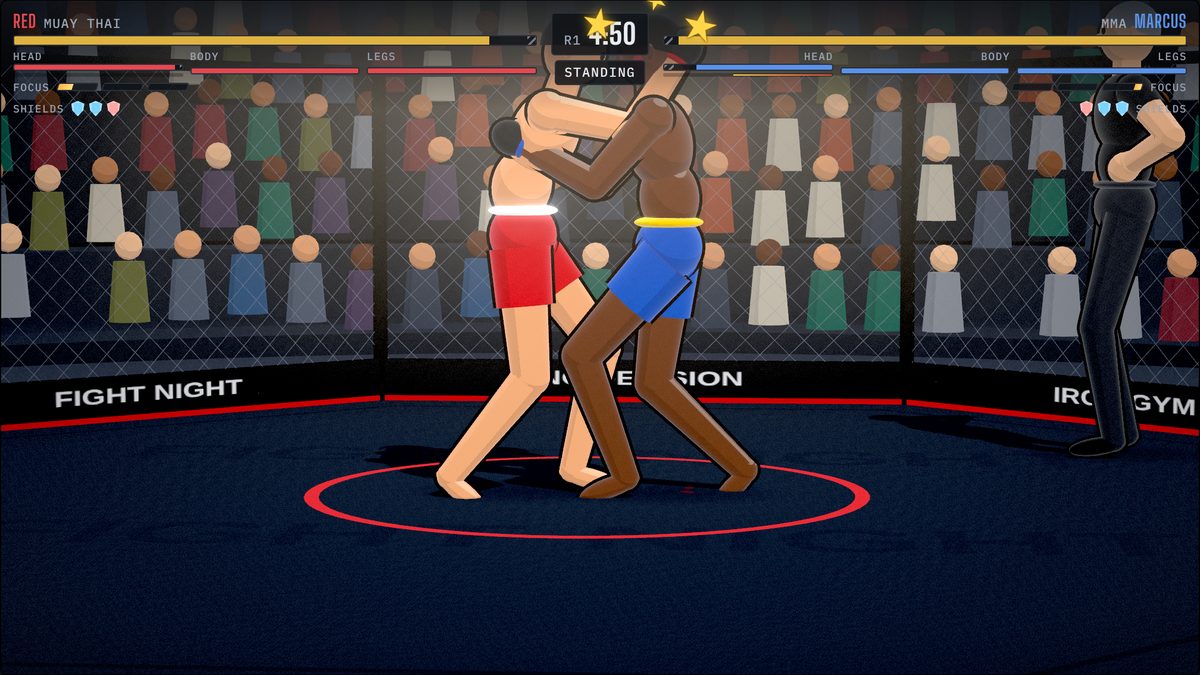Two fighters tied up in the clinch