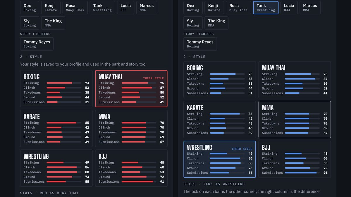The fighter select: each corner picks a fighter and a style, with their stats