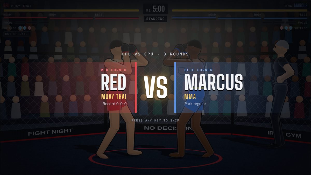 The walkout card: red corner and blue corner names and styles over the arena